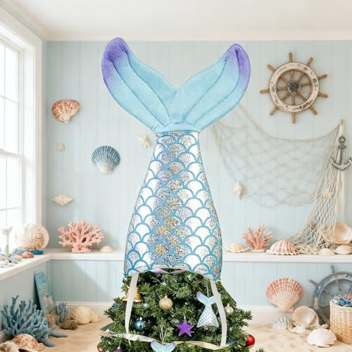 Eyourlife Mermaid Tail Summer Tree Topper, 10In Blue Fish Tail Tree Topper, Cute Ocean Tree Topper for Home Indoor/Outdoor Under The Sea Mermaid Birthday Beach Summer Party Tree Decor
