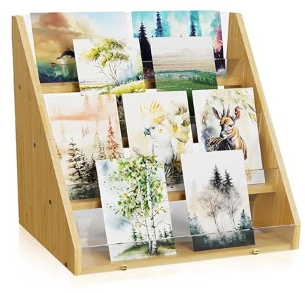 YUDAWN 4 Stöckiger Präsentationsständer für Grußkarten Holz Bambus Acryl Postkartenständer Postkarten Aufbewahrung Kartenaufsteller Tragbarer Karten Ständer für Verkaufstheke Tischplatte