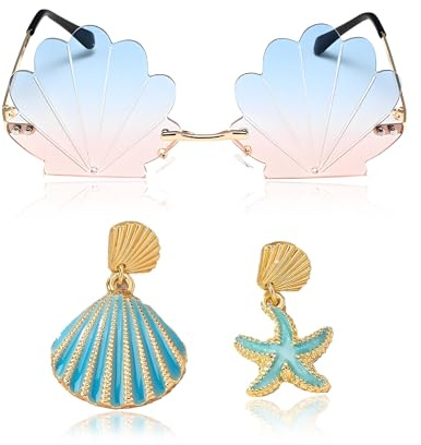 RAOPNHS Muschel Sonnenbrillen und Seestern Ohrringe Set – Goldrand, Blau-Rosa Verlaufsgläser – malle accessoires Für hawaii outfit damen,90er Jahre festival outfit damen, Strandparty & Festival