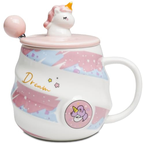 Mugtide Taza de Cerámica 3D con Motivo de Unicornio, Taza de Café de Unicornio Hecha a Mano, Incluye Tapa y Cuchara, Regalo para Familiares y Amigos, 480ML (Rosa)