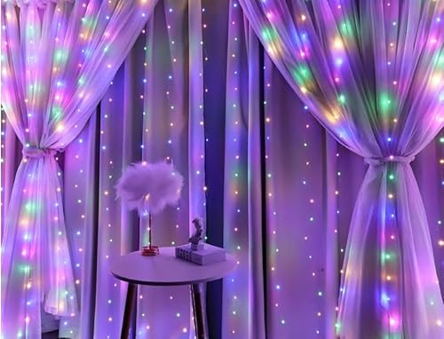 A2Z 3m x 3m LED Window Curtain Lights with Remote USB Powered Fairy String Lights with 8 Modes Warm White and Multicolour Home Christmas Decorations for Bedroom Parties Weddings Multicolor