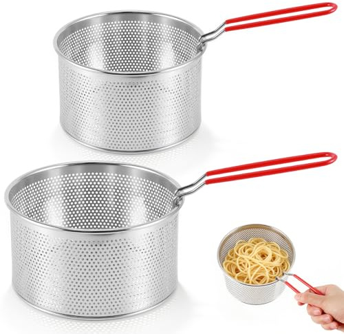 2 Stück Edelstahl Frittierkorb, Nudelkorb mit abnehmbaren Griff, Edelstahl Siebkorb & Frittiersieb, Metall Nudelsieb Korb Fritteuse Korb, Küchensieb für Pommes frites, Gemüse und Nudeln(16cm+18cm)
