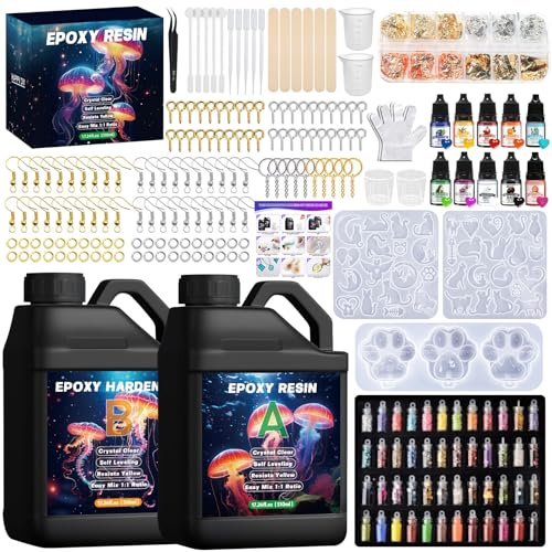 TOSUTO Resina Epossidica, 1020 ml Resina Epossidica Trasparente,1:1 Kit Resina Epossidica Completo con Glitter, per Principianti per la Creazione di Gioielli, Pendenti per Collane, Fai da Te