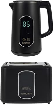 Salter Digital Kettle & Toaster Set – 1.7L Temp Rite Kettle with Variable Temperature Control, Toast Rite 2-Slice Toaster with Precise Browning Control, LED Touchscreen Displays, Black