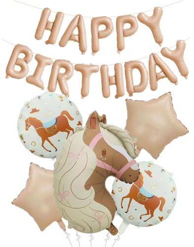 DazzJoy 6 Stück Pferde Luftballon Tiere Ballons mit Happy Birthday Ballon, Pferde Luftballons Tiere Kindergeburtstag Mädchen, Folienballon Tier Pferd Geburtstag, Ballon Pferd für Pferdegeburtstag Deko