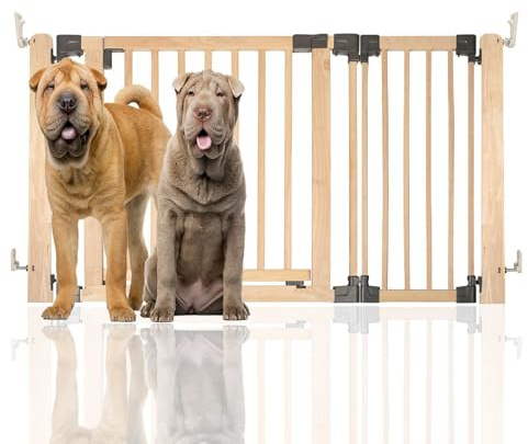 Safetots Barriera per Animali in Legno con Pannelli Multipli, Fino a 136,5cm, Legno Naturale, barriera Flessibile a Pannelli Multipli per Animali Domestici, divisorio con Porta per Cane e Cucciolo