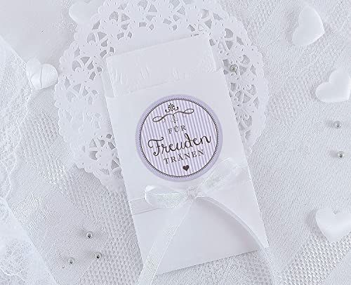 SET GROß: 48 Freudentränen Sticker + 48 weiße Flachbeutel - 63 x 93 mm für Freudentränen Taschentuch Verpackungen • Aufkleber LILA RETRO VINTAGE • 4cm rund matt