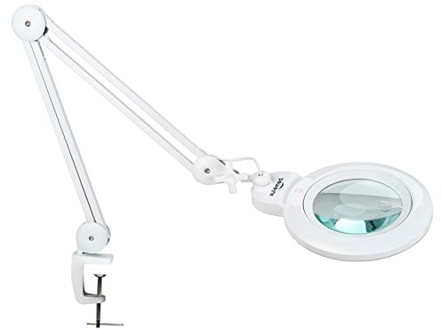 bemelux Bifocals Magnifying Desk Lamp with Clamp, 5 Diopter with 20 Diopter, 6 Inch Detachable Lens and 120PCS LEDs, 3 Color Modes 1200 Lumens Swivel Arm Magnifying Lamp with Light for Crafts (White)