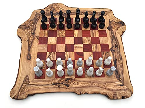 Schachspiel rustikal aus Olivenholz, Schachbrett Gr. XL inkl. 32 Schachfiguren aus Marmor, Naturprodukt, Handarbeit, Geschenkidee.