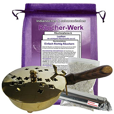 RÄUCHERPFANNE & WEIHRAUCHBRENNER 21cm Messing 7-TLG Set zum AUSRÄUCHERN für Räucherwerk Räuchergefäß, Räucherschale, Räucherstövchen & Räucherstäbchenhalter in EINEM mit ZUBEHÖR. 3514-1