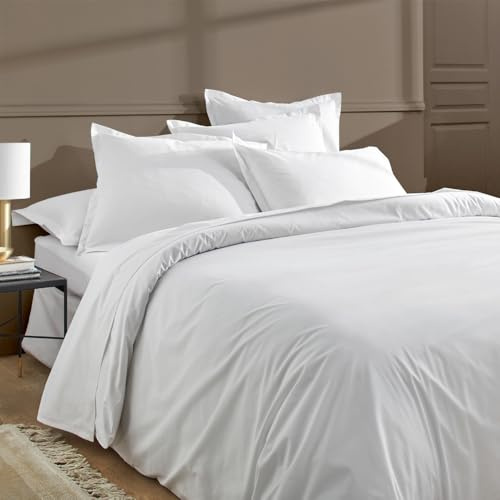 Duquennoy & Lepers – Parure de Lit 2 Personnes 240x220 CM et 2 Taies – Percale 80 Fils 100% Coton Qualité Hôtel – Housse de Couette Grand Lit Finition Rabat – Oeko-TEX® Made in Green – Uni Blanc