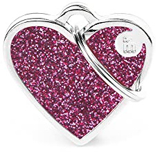 My Family Personalisiertes Ausweisschild für Hunde, hergestellt in Italien, kleines Glitzer-Herz, rosa, gravierte Hundeschild, Metall, Shine-Kollektion, 25 x 25 mm