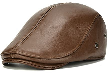 LAIFEKE Flache Mütze aus echtem Rindsleder mit Ohrenklappen für Herren, Entenschnabelmütze, Winter, Winddicht, Ballonmützen (58CM-Braun)