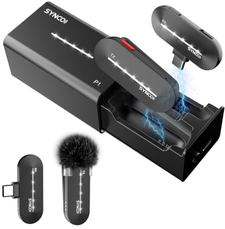 SYNCO Micrófono Lavalier inalámbrico de 48 KHz 24 bits, micrófono de Solapa P1ST con Funda de Carga para Smartphone Tipo C, USB C, Youtube, TIK Tok, Podcast de grabación en Vivo, micrófono de Solapa