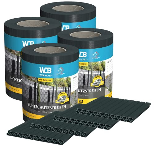 WDB - Sichtschutzstreifen für Doppelstabmatten Sichtschutz Zaun - Set 4X 35 m x 19 cm + 80 Stück Befestigungsclips - PVC Windschutz Basic Line - 450 g/m2 - Anthrazit - RAL 7016