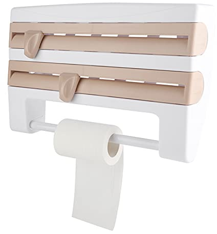3-Fach Wandrollenhalter, Schneidabroller Küchenrollenhalter Papierrollenhalter für 3 Rollen Folienschneider mit messerscharfen Klingen für Küche Restaurant Hotel Bar (Khaki)