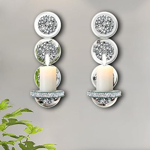 ZOLAPI Set of 2 Crystal Crush Diamond Candle Sconces, Gorgeous Silver Mirrored Wall Sconce, Round Candle Holder Glass Wall Decorations for Home Décor, Living Room, Dining Room.