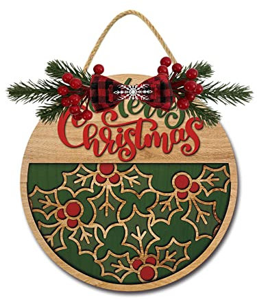 Merry Xmas Haustürschild lustige Kränze zum Aufhängen Holzschild Dekoration rund rustikales Holz Bauernhaus Veranda Dekor für Zuhause Haustür Dekoration, 28,9 x 27,9 cm