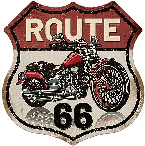 GLOBLELAND Vintage Metal Motorcycle Tin Sign Retro Route 66 Shield 12×12