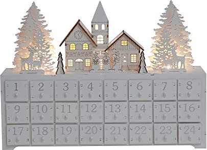 PE Wooden Christmas Advent Calendar House with LED-lit Winter Forest Scene - 24 Drawer Countdown with Fine Silver Reindeer & Snow Design