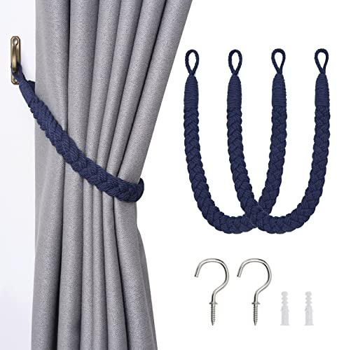 NICEEC 2 Pack Natural Cotton Rope Curtain Tiebacks Elegant Boho Style Decorative Drape Tie Backs Soft Hand-Woven Rope Curtain Holdbacks with Metal Hook for Home & Office Drapery (Dark Blue)