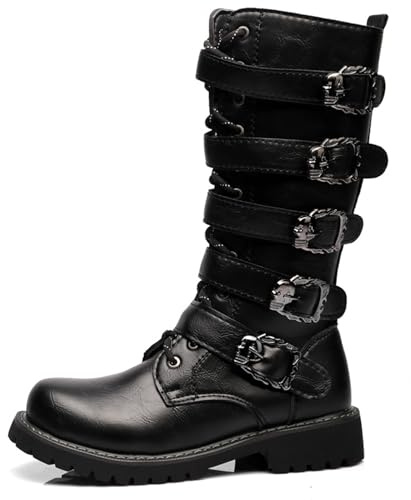 DJFOG Herren-Punk-Rock-Motorradstiefel, Retro-Metallschnalle, mittelhohe Stiefel, Schnürstiefel, Militärstiefel, Schnürung, weiches Kunstleder, Starke Außensohle,Schwarz,42 EU