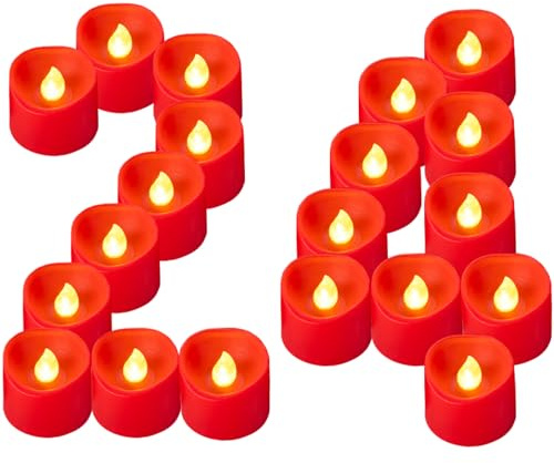 Yakpo Paquete de 24 velas de té rojas LED que funcionan con pilas, sin llama, parpadeantes, velas votivas rojas parpadeantes para exteriores, velas falsas eléctricas a granel para Navidad, Halloween,