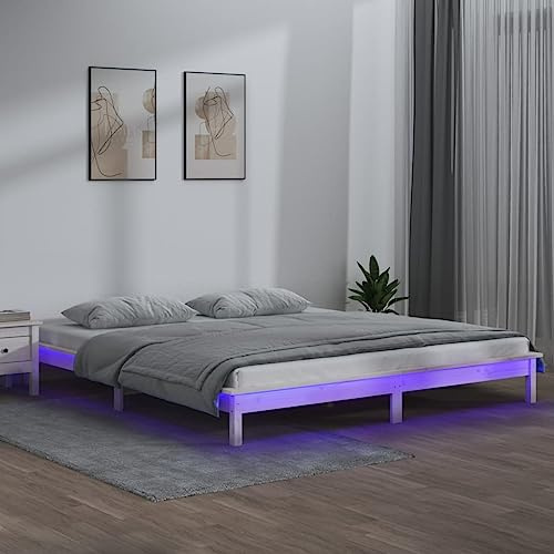 ZQQLVOO Bettgestell Familienbett Palettenbett Massivholzbett mit LED-Beleuchtung Weiß 200x200 cm Geeignet für Familienzimmer