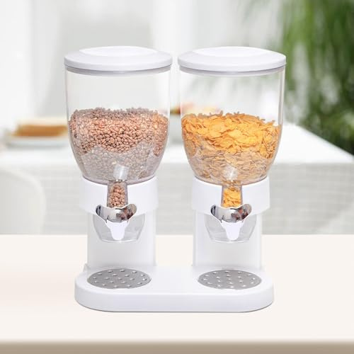 Supfine Müslispender Doppelt, 2 x 3,5 Liter Behälter Müslispender, Cerealienspender für Getreide, Trockene Früchte, Müsli, Süßigkeiten, Cornflakes Spender, Drehsystem, BPA-frei (Weiß)