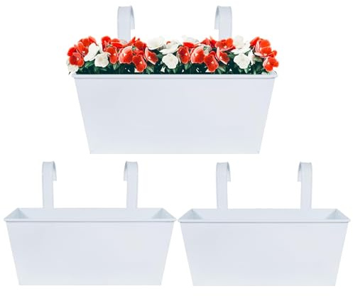 BOFUNX 3Pcs Metal Hanging Flower Pots, Iron Hanging Plant Pots Planters with Double Detachable Hooks for Railing Fence Balcony Garden Home Decoration (White, S)