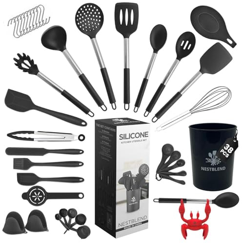 NestBlend Nonstick Black Steel Kitchen Utensils Set - 38 Pieces Kitchen Utensil Set - Kitchen Gadgets Cookware Set - Cooking Utensils Silicone Kitchen Set - Utensils Set with Holder Heat Resistant