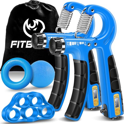 FitBeast träningskit, 2 räkningar handgripare 5-pack justerbart motstånd underarmsförstärkare, fingersträckare byggstyrka och greppkraft, himmelsblå