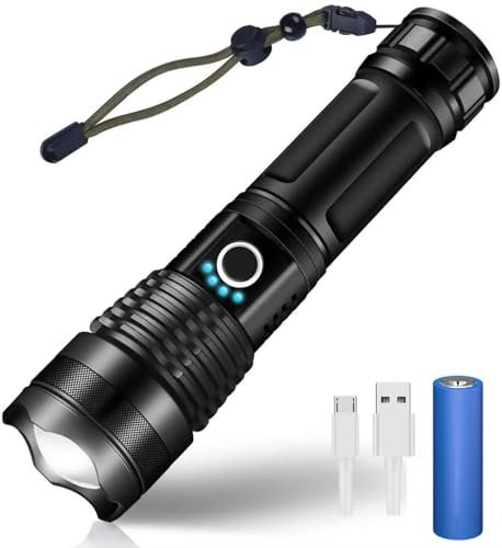 XUEPAYZK LED Torch USB Rechargeable Super Bright 3000 Lumens Tactical CREE XHP50 Rechargeable Torch 5 Modes Waterproof Flashlights for Camping Hiking (Includes 18650 Batteries)