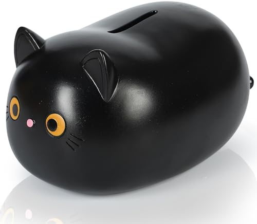 H&W Alcancía de gato negro para niñas, alcancía de monedas de plástico, irrompible, bonita alcancía para niños, primera hucha, mejor cumpleaños