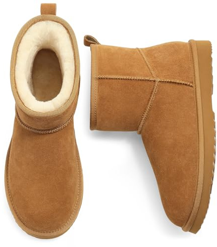 Litfun Genuine Suede Mini Boots for Women Winter Warm Fuzzy Boots Comfort Snow Boots with Fur Lined, Chestnut 36