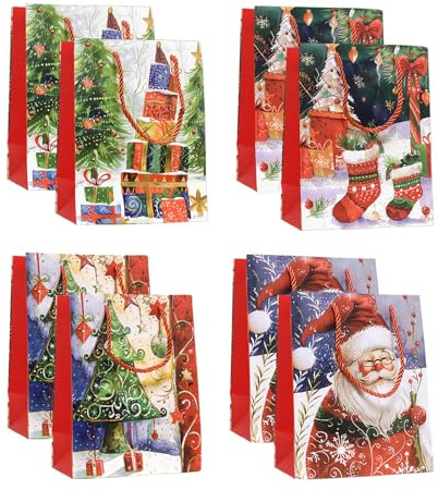 KEELYY 8x Weihnachten Geschenktüten Weihnachtstüten Papiertüten mit Griffen, Tüten Weihnachten zum Befüllen, Geschenktaschen Weihnachten - 23x10x18cm