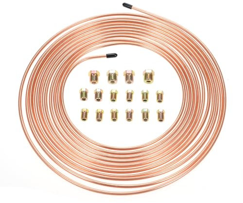 Mulcort Auto Kupfer Bremsleitung, 3/16inch Bremsleitungsschlauch-Set, Auto Ersatz Bremsleitungssatz Länge 7,6m, mit 16 PCS-Anschlüssen für das hydraulische Bremssystem, das Kraftstoffsystem, Gold