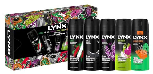 Lynx IT'S GAME TIME Body Spray Collection with 48 Hours Protection Africa, Black, Excite, Epic Fresh, Jungle Fresh Deodorant 5 Pieces Gift Set for Him