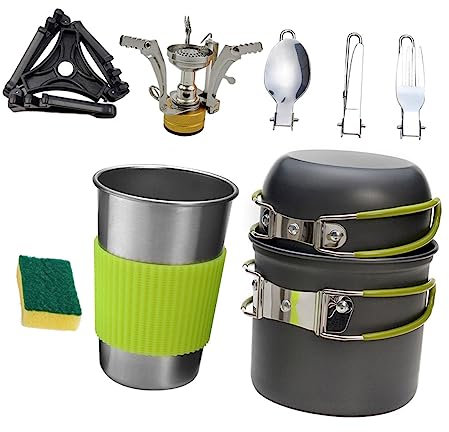 WHAMVOX 1ensemble Kit De Cuisine Alliage Aluminium pour Camping De Réchaud Portable Et Casseroles Personnes pour Activités Plein Air Pratique Et Léger Comprend Éponge De Nettoyage