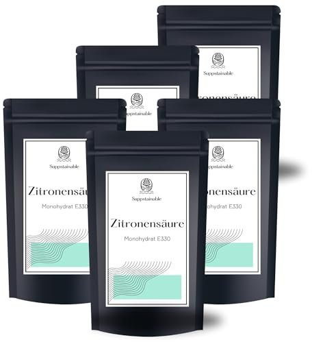 5kg Pures Zitronensäure Pulver in Lebensmittelqualität - Reines Zitronensäure anhydrid, keine Füllstoffe & Zusatzstoffe - Veganes Pulve zum Reinigen oder verzehren - abgefüllt in DE von Suppstainable