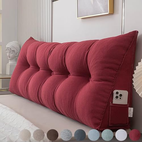 Rückenkissen Bett 200cm Rot, Leinen Rückenlehne Kissen, Keilkissen Bett kopfteil, Waschbar Abnehmbar Lesekissen für Bett und Sofa, Rückenstützkissen Lendenkissen mit Seitentasche