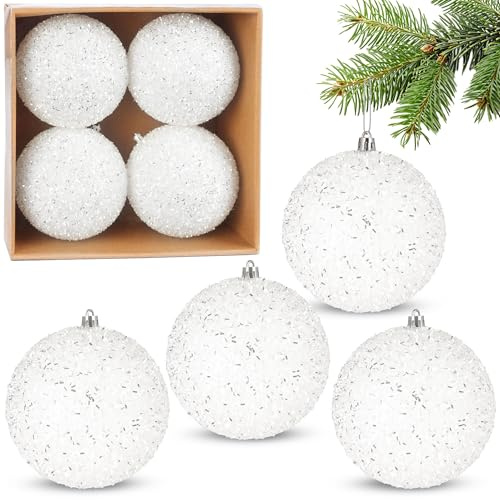 BRUBAKER Glitzer Weihnachtskugeln - 4er Set große Glitter Baumkugeln - 10 cm Christbaumkugeln Bruchsicher aus Kunststoff - Christbaumschmuck für Weihnachtsdeko - Weihnachtsbaumkugeln - Weiß