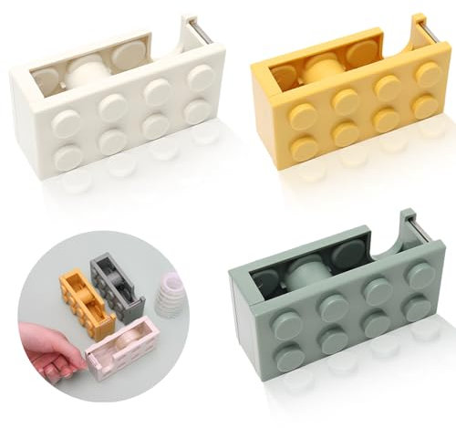 3 Pack Dispensador Cinta Adhesiva Dispensador Celo Dispensadores Mesa en Forma Bloques Construcción Dispensador Celo Automatico Aptos para Oficinas,Escuelas, Floristerías (Amarillo,Blanco,Verde)