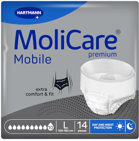 Molicare Mobile 10 Gotas Talla L, Ropa Interior Absorbente para Mujeres y Hombres con Incontinencia Severa, Protección Contra Fugas, Respetuosa la Piel, Mejor Ajuste Corporal, 14 uds
