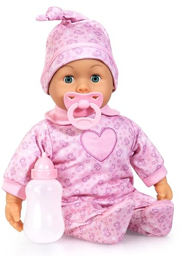 Bayer Design 93824CO Babypuppe interaktiv, Spielpuppe sprechend, weicher Körper, Schnuller, Flasche, 38 cm, Rosa