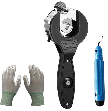 Ratchet Tubing Cutter, Tube Cutter 5/16-1-1/8| Compact 2-in-1 pipe cutter for narrow Spaces |PVC/Cu/copper pipe cutterCut, Comes with gloves and deburring knife, Ratcheting Tube Cutter
