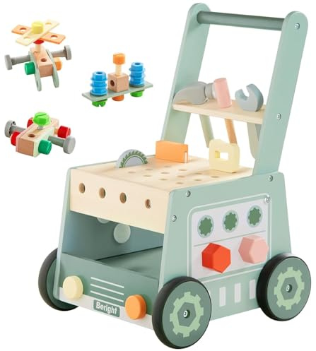 Asweets Lauflernwagen aus Holz für Babys, Aktivitätscenter Set mit Werkzeugbank für Kinder, Montessori Lernspielzeug für Kinder, die laufen lernen, Wooden Baby Push Walker(Grün)