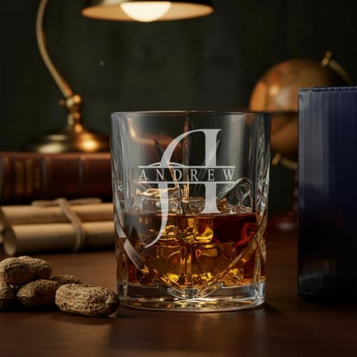 ukgiftstoreonline Personalised Custom Engraved Crystal Cut Whiskey Glass with Name and Stylish Letter