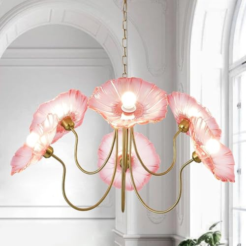 Stesulfr Vintage Kronleuchter aus floralem Glas 6 flammig große Pendelleuchte mit grünen Blumenschirmen Kronleuchter aus Goldmessing hängende Deckenleuchte für Esszimmer Kücheninsel Wohnzimmer Schlafz