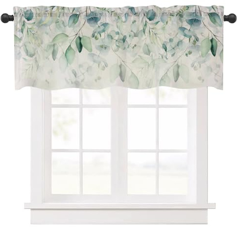 Cortinas cortas florales para la cocina, semitransparente, para cafés, bistró, vintage, decorativas, color verde